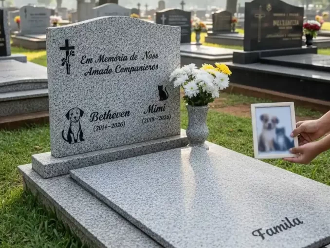 Cemitério em São Paulo autorizado para sepultamento de cães e gatos em jazigos familiares, com demonstração de um túmulo de animais decorado com flores e uma foto do pet.