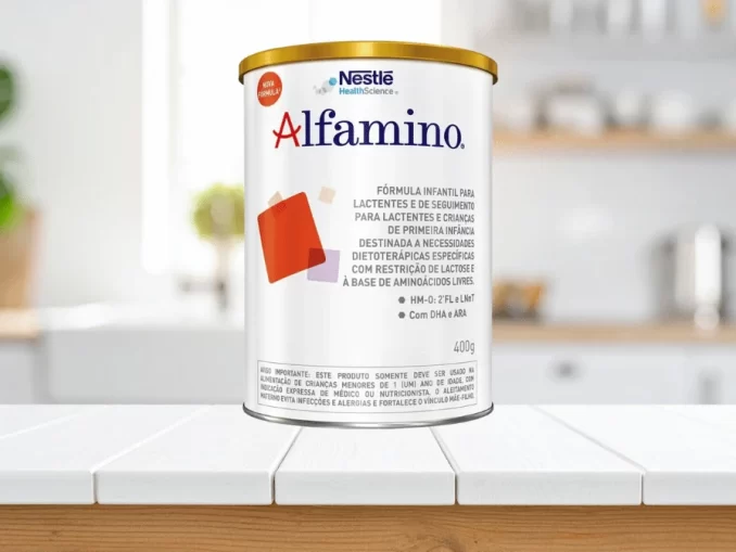 Lata de fórmula infantil Alfamino da Nestlé, que teve sua comercialização e uso suspensos pela Anvisa devido a questões regulatórias.