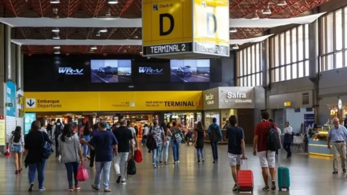 Imagem de passageiros no aeroporto brasileiro, destacado pelo anúncio do Governo Federal de investimento de R$ 4,6 bilhões em aeroportos, visando melhorias na infraestrutura aeroportuária.