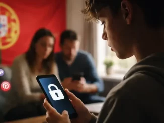 Jovem usando smartphone com ícone de bloqueio na tela, em ambiente doméstico com bandeira de Portugal ao fundo, representando restrições ao acesso de crianças e adolescentes às redes sociais.