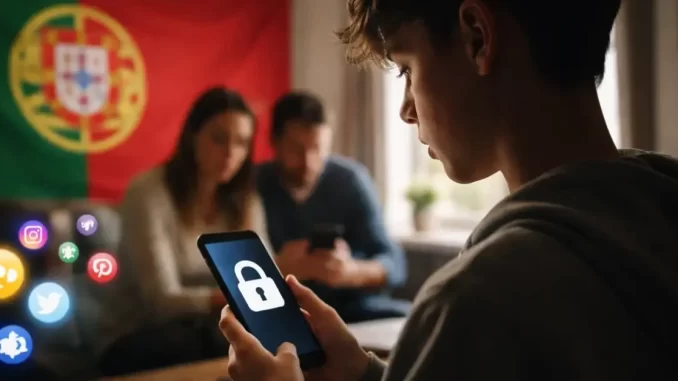 Jovem usando smartphone com ícone de bloqueio na tela, em ambiente doméstico com bandeira de Portugal ao fundo, representando restrições ao acesso de crianças e adolescentes às redes sociais.