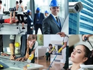 Imagem representando o crescimento do setor de serviços em 2025, com atividades de academia, tecnologia, construção e beleza, destacando cinco anos de alta contínua.