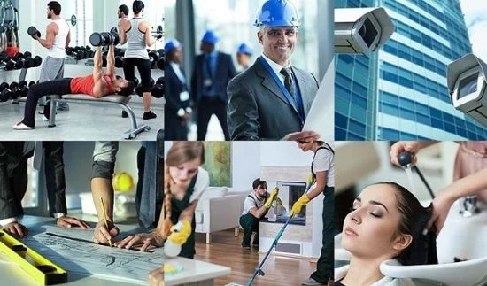 Imagem representando o crescimento do setor de serviços em 2025, com atividades de academia, tecnologia, construção e beleza, destacando cinco anos de alta contínua.