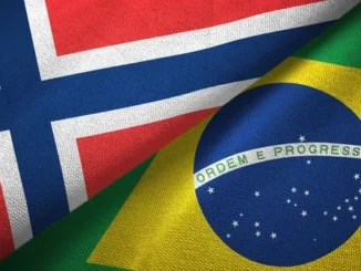 Bandeiras do Brasil e Noruega lado a lado, ilustrando relações comerciais estratégicas entre os dois países, com destaque para estudo inédito divulgado pela ApexBrasil.