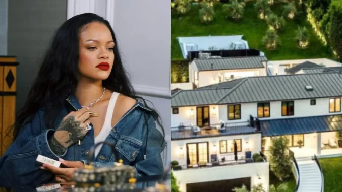 Disparos atingem a mansão de Rihanna em Beverly Hills, suspeita foi presa, e a propriedade é visível ao fundo ao lado de uma celebridade conhecida.