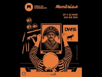 Cartaz da Feira na Rosenbaum com tema Memórias e brasilidade, celebrando cultura brasileira de 7 a 12 de março, das 11h às 20h, destacando produtos e memórias nacionais.