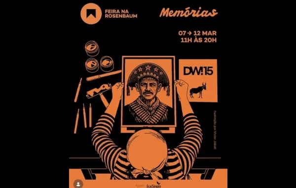 Cartaz da Feira na Rosenbaum com tema Memórias e brasilidade, celebrando cultura brasileira de 7 a 12 de março, das 11h às 20h, destacando produtos e memórias nacionais.