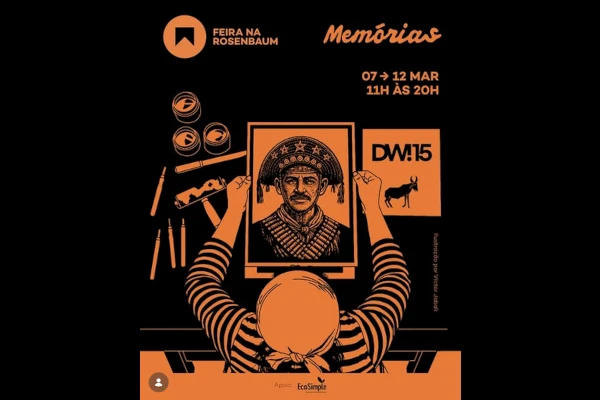 Cartaz da Feira na Rosenbaum com tema Memórias e brasilidade, celebrando cultura brasileira de 7 a 12 de março, das 11h às 20h, destacando produtos e memórias nacionais.