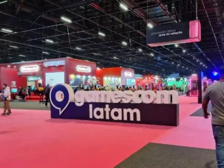 Imagem da edição da Gamescom Latam 2026 com ampliações na agenda B2B, atraindo grandes publishers, exibindo estandes e visitantes na feira de jogos.