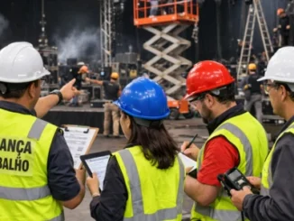 Governo discute norma exclusiva para segurança do setor de eventos com equipe de fiscalização usando equipamentos de proteção e tablets em ambiente de trabalho