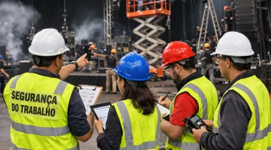 Governo discute norma exclusiva para segurança do setor de eventos com equipe de fiscalização usando equipamentos de proteção e tablets em ambiente de trabalho