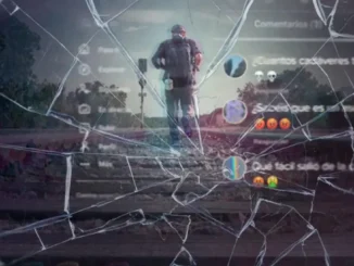 Imagem de uma pessoa caminhando sobre um trilho de trem, vista através de vidro quebrado que simboliza o crime real revelado na série ‘O Assassino do TikTok’ na Espanha.
