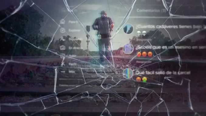 Imagem de uma pessoa caminhando sobre um trilho de trem, vista através de vidro quebrado que simboliza o crime real revelado na série ‘O Assassino do TikTok’ na Espanha.