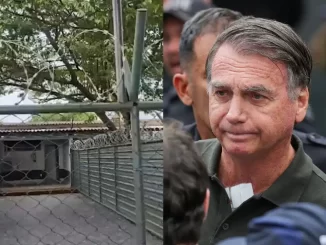 Imagem da carceragem vazia ao lado de uma foto de Jair Bolsonaro durante manifestação, relacionada à decisão do STF de negar novo pedido de prisão domiciliar.