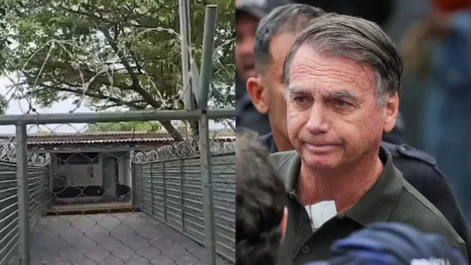 Imagem da carceragem vazia ao lado de uma foto de Jair Bolsonaro durante manifestação, relacionada à decisão do STF de negar novo pedido de prisão domiciliar.