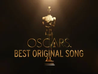 Imagem promocional destacando a disputa do Oscar 2026 na categoria de trilha sonora original, com o troféu do Oscar iluminado ao centro.