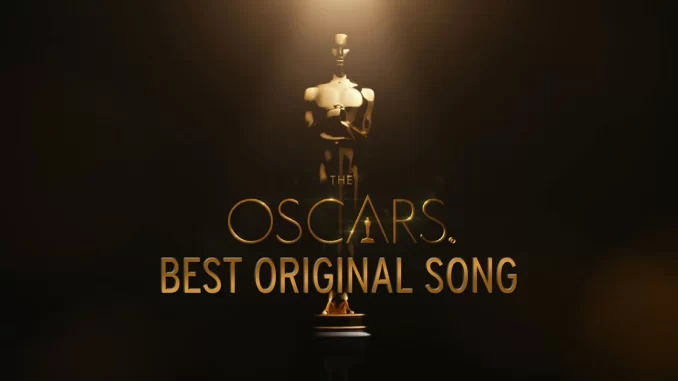 Imagem promocional destacando a disputa do Oscar 2026 na categoria de trilha sonora original, com o troféu do Oscar iluminado ao centro.