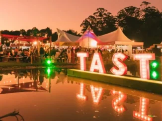 Taste São Paulo Festival celebra 10 anos no Parque Villa-Lobos com decoração iluminada, barraquinhas de comida, público aproveitando o evento ao entardecer.