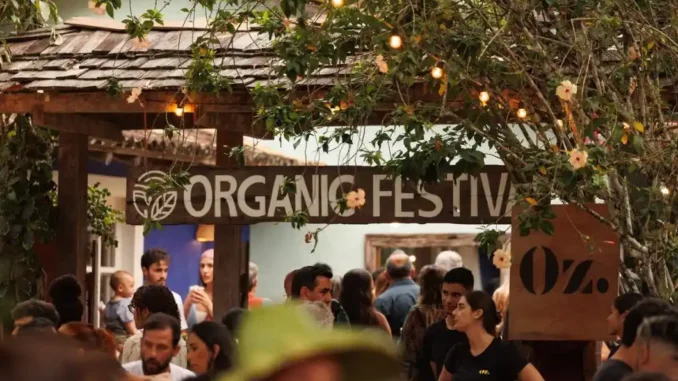 entrada-organic-festival-trancoso-ambiente-externo Entrada do Organic Festival Trancoso com pessoas circulando em ambiente externo, sob luzes pendentes e decoração verde.