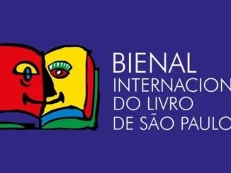 Logo da Bienal Internacional do Livro de São Paulo com um livro aberto estilizado, em destaque na divulgação do evento literário.