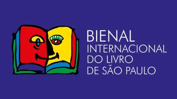 logo-bienal-internacional-livro-sao-paulo-divulgacao Logo da Bienal Internacional do Livro de São Paulo com um livro aberto estilizado, em destaque na divulgação do evento literário.