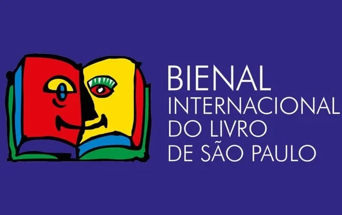 Logo da Bienal Internacional do Livro de São Paulo com um livro aberto estilizado, em destaque na divulgação do evento literário.