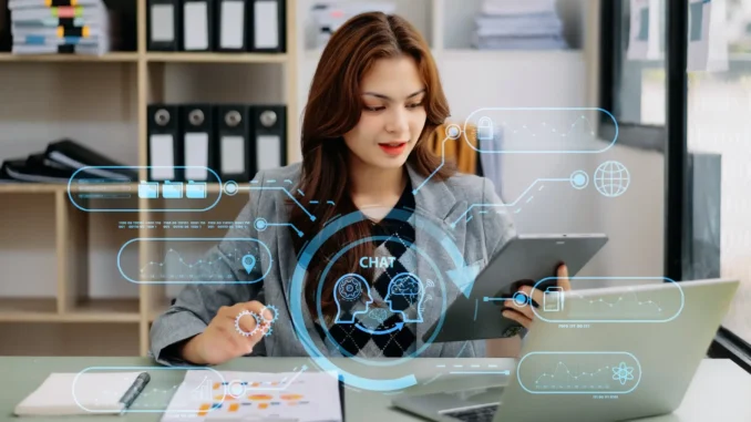 Profissional em escritório usa tablet e notebook enquanto interage com interface de IA generativa, com ícones e circuito de dados ao redor, sugerindo chat e automação; texto sobre ausência de retorno financeiro para a maioria das empresas no Brasil.