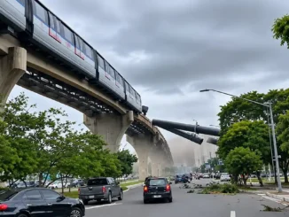 Guindaste tomba sobre monotrilho, é atingido por trem e paralisa Linha 15-Prata em São Paulo: Foto de um guindaste tombado atingindo uma estrutura elevada do monotrilho, com destroços na pista e trem em área de via urbana, em São Paulo.