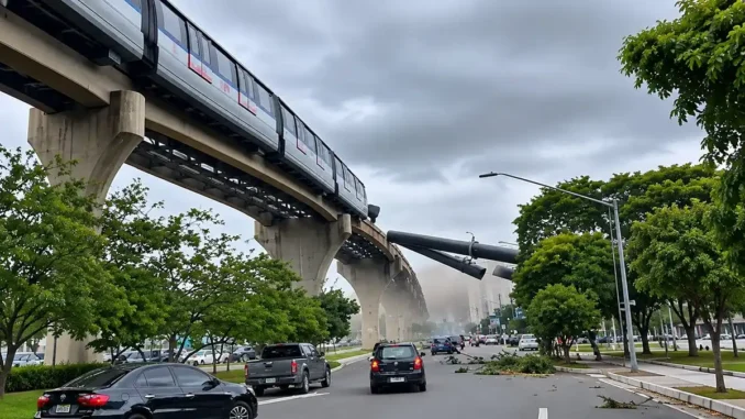 Guindaste tomba sobre monotrilho, é atingido por trem e paralisa Linha 15-Prata em São Paulo: Foto de um guindaste tombado atingindo uma estrutura elevada do monotrilho, com destroços na pista e trem em área de via urbana, em São Paulo.