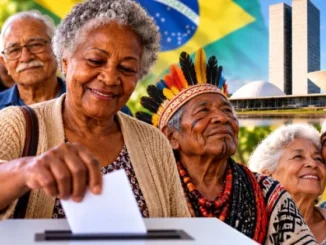 Idosos votacao: mulher idosa sorridente em fila de votação, apontando para a urna, com bandeira do Brasil ao fundo e placas de justiça eleitoral ao lado de outros eleitores