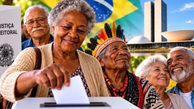 idosos-votacao-fila-de-votacao-justica-eleitoral Idosos votacao: mulher idosa sorridente em fila de votação, apontando para a urna, com bandeira do Brasil ao fundo e placas de justiça eleitoral ao lado de outros eleitores