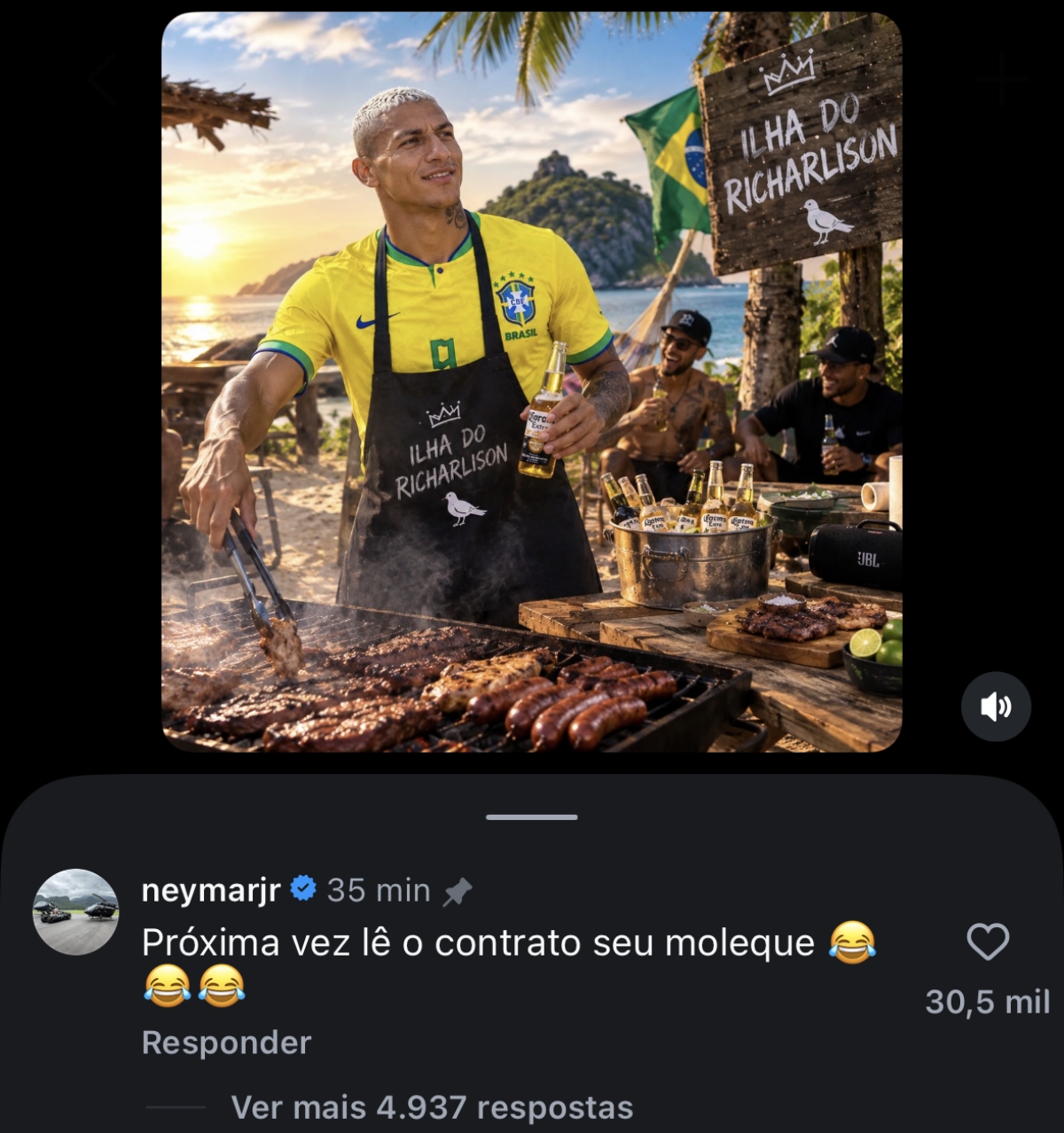 Richarlison ironiza disputa de ilha e recebe resposta de Neymar - Imagem do artigo original